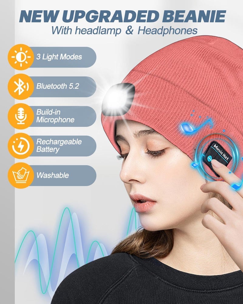 MOXTOYU Bluetooth Beanie with Light, USB Rechargeable LED Headlamp Winter Hat, Christmas Stocking Stuffers Gifts for Men Women - Image 2